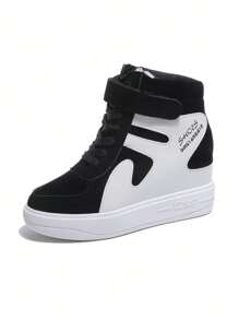 Fall/Winter Women's Wedge Heel Thick Sole Sneakers, New Korean Fashion High Top Patchwork Casual Shoes With Hook And Loop And Increased Massage Bottom - Black and White - View 5