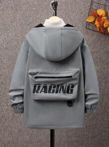 SHEIN Tween Boy 1pc Letter Graphic Flap Pocket Hooded Coat - Grey - View 4