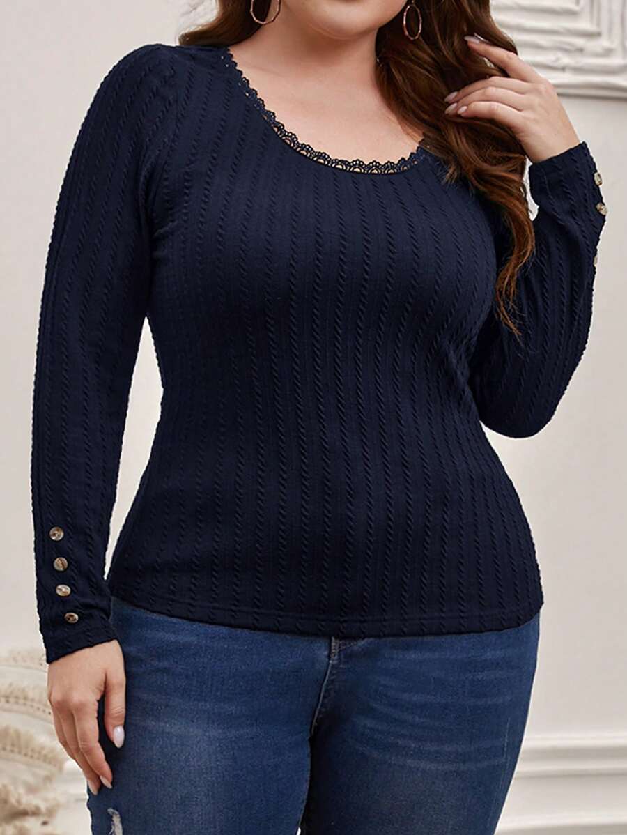 SHEIN Clasi Plus Solid Button Detail Tee - Navy Blue - View 1