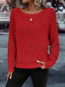 SHEIN Clasi Boat Neck Batwing Sleeve Sweater - Red - View 7