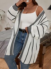SHEIN LUNE Plus Striped Pattern Drop Shoulder Duster Cardigan - Black and White - View 6