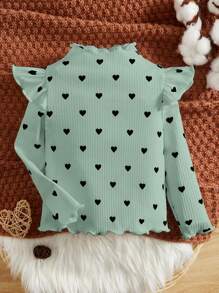 SHEIN Leap Crew Young Girl Heart Print Ruffle Trim Mock Neck Tee - Green - View 1
