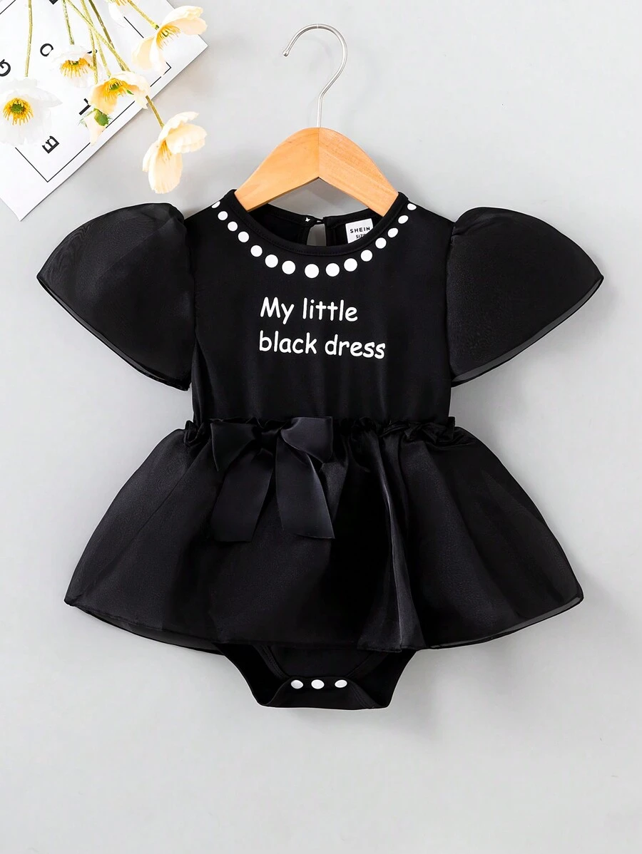 Baby Girl Slogan Graphic Bow Front Puff Sleeve Bodysuit Dress