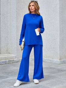 EURMUSE Mock Neck Drop Shoulder Sweater & Knit Pants - Blue - View 6