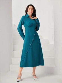 Modelyn Solid Button Detail Wrap Hem Dress - Teal Blue - View 3