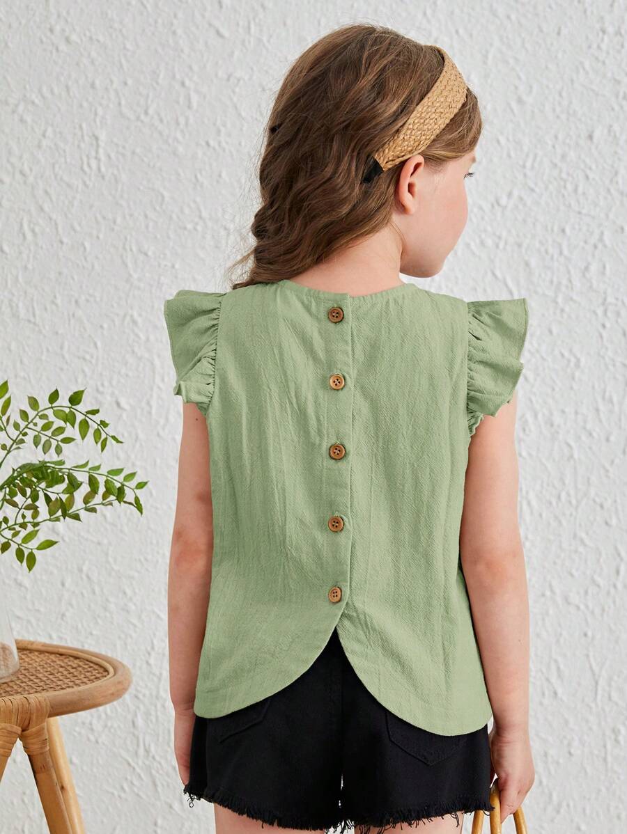 SHEIN Cô Gái Trẻ Viền Ruffle Nút Quay lại Curved Hem Áo sơ mi - Màu xanh Bạc hà - Xem 1