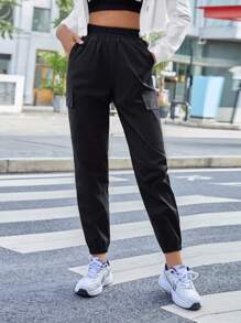 SHEIN Unity Elastic Waist Slant Pocket Cargo Pants - Black - View 1