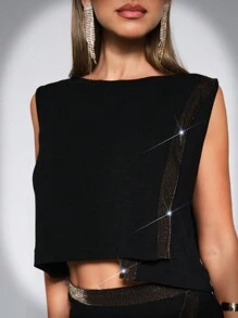 SHE(IN) BRASIL 素色織帶拼接背心上衣 - 黑色 - 查看 5