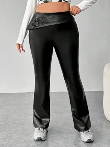 SHEIN EZwear Plus Buckle Detail Flare Leg Pants - Black - View 1