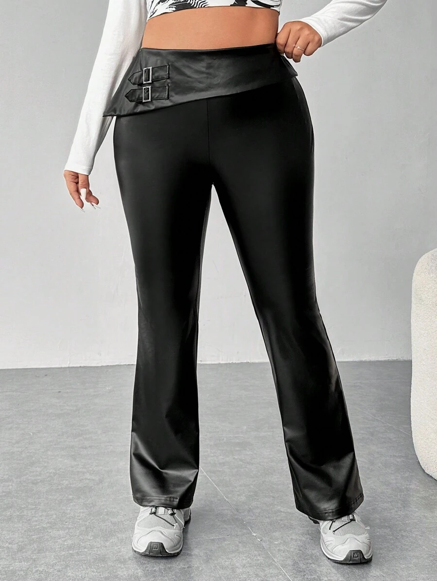 SHEIN EZwear Plus Buckle Detail Flare Leg Pants - Black - View 1
