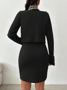 RueChic Houndstooth Print Button Front Jacket & Bodycon Dress - Black and White - View 4