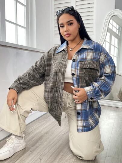 SHEIN EZwear Talla grande Abrigo con estampado de cuadros de hombros caídos