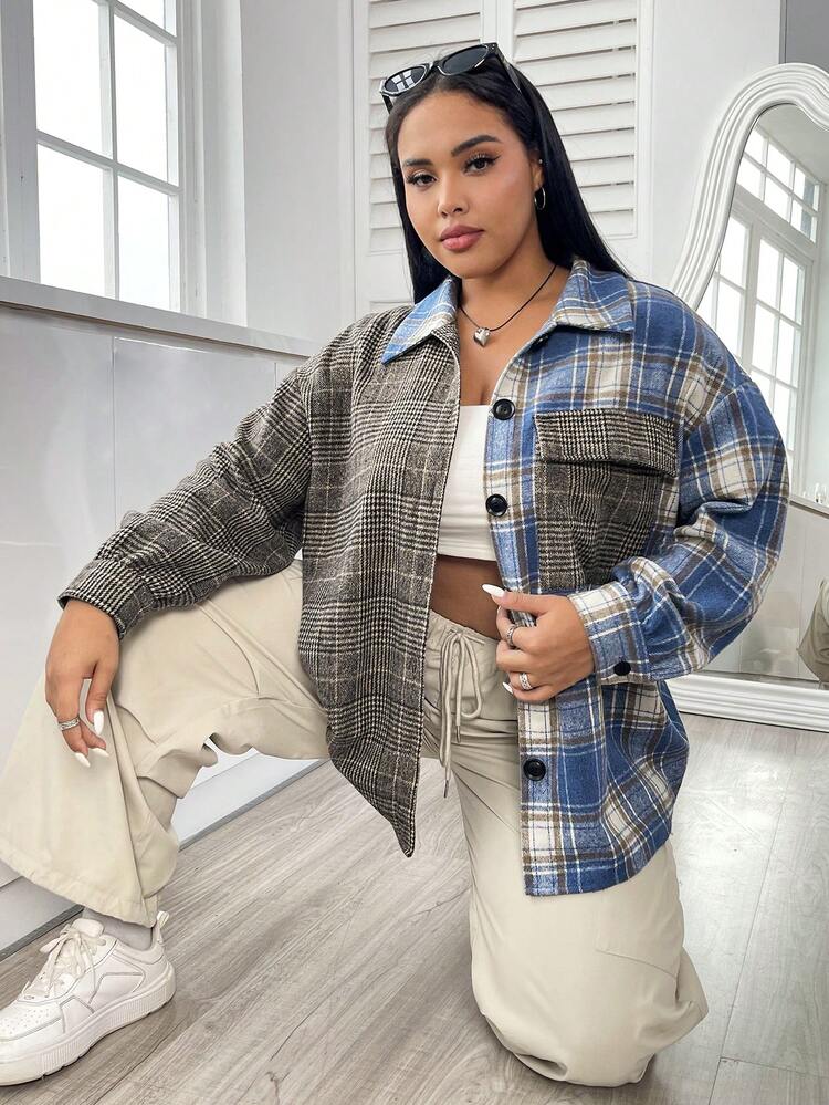 Plus Plaid Print Drop Shoulder Coat