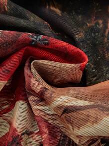 SHEIN MOD 人物圖形斗篷邊短上衣,油畫復古背心 - 軍綠色 - 查看 4