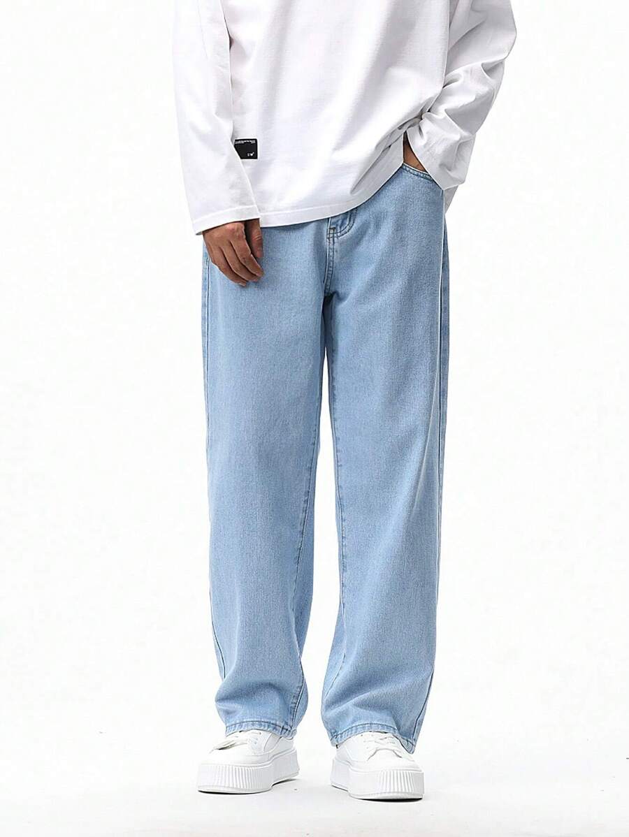 Chillumni Loose Fit Nam Túi Nghiêng Chân Thẳng Quần Jean Baggy Dài Giặt Nhẹ Jean Hàng Hóa Trơn Xanh Dự Tiệc Thông Thường Áo Sơ Mi bố Và Tôi - Rửa nhẹ - Xem 1
