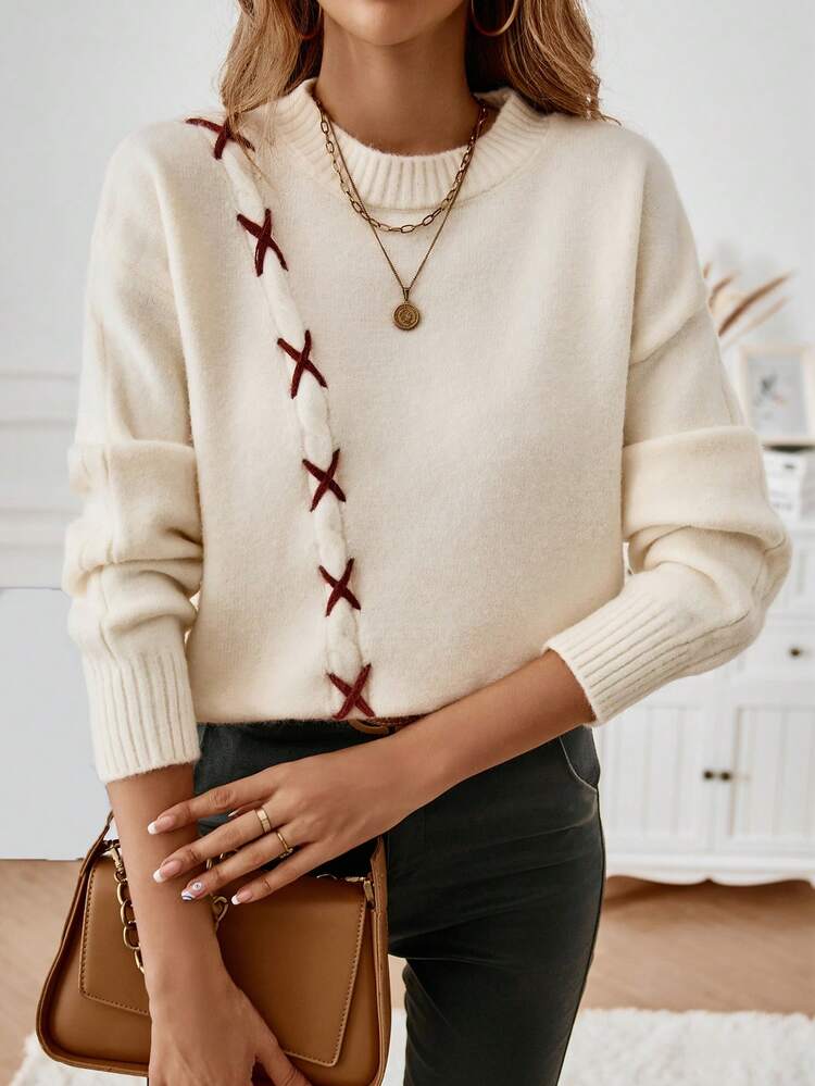 Lace Up Front Drop Shoulder Knit Pullover Fall Winter Sweater