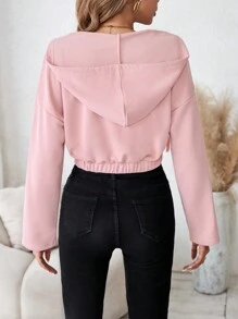 SHEIN Frenchy 素色落肩袖抽繩連帽衫 - 粉色 - 查看 2