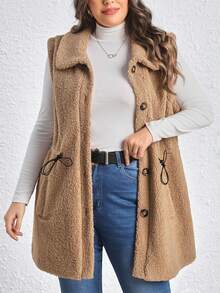 SHEIN LUNE Plus Drawstring Waist Teddy Vest Coat - Khaki - View 4
