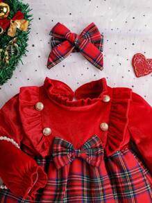 SHEIN Baby Girl Tartan Print Ruffle Trim Flare Sleeve Dress & Headband, For Christmas