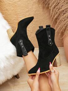 Styleloop 女性時尚黑色尖頭粗跟靴子 - 黑色 - 查看 1