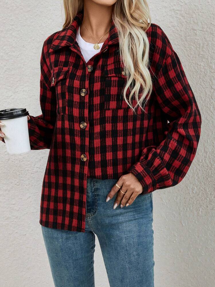 Plaid Print Drop Shoulder Flap Pocket Coat