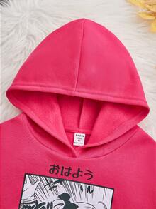 SHEIN Áo nỉ nữ tuổi teen in hình chữ cái và hình người Nhật, có túi kangaroo. - Màu Hồng Tươi - Xem 3