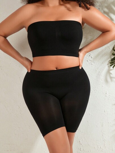 Plus Size Strapless Top And Shorts Bodycon Shapewear Set
