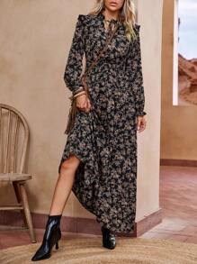 LanaWest Ditsy Floral Print Ruffle Trim Dress Maxi Vacation Beach Outfits Women Fall Cloth For Women