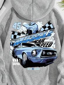 INAWLY 汽車和字母圖案袋鼠口袋抽繩保暖連帽衫 - 灰色 - 查看 3