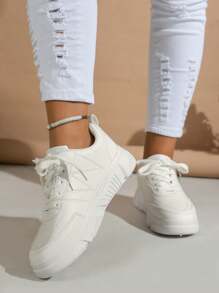 女性休閒平底板鞋,防滑,透氣,厚下裝,時尚白色鞋 - 白色 - 查看 2