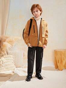 SHEIN 男大童拉鏈開襟連帽外套 - 棕色 - 查看 5