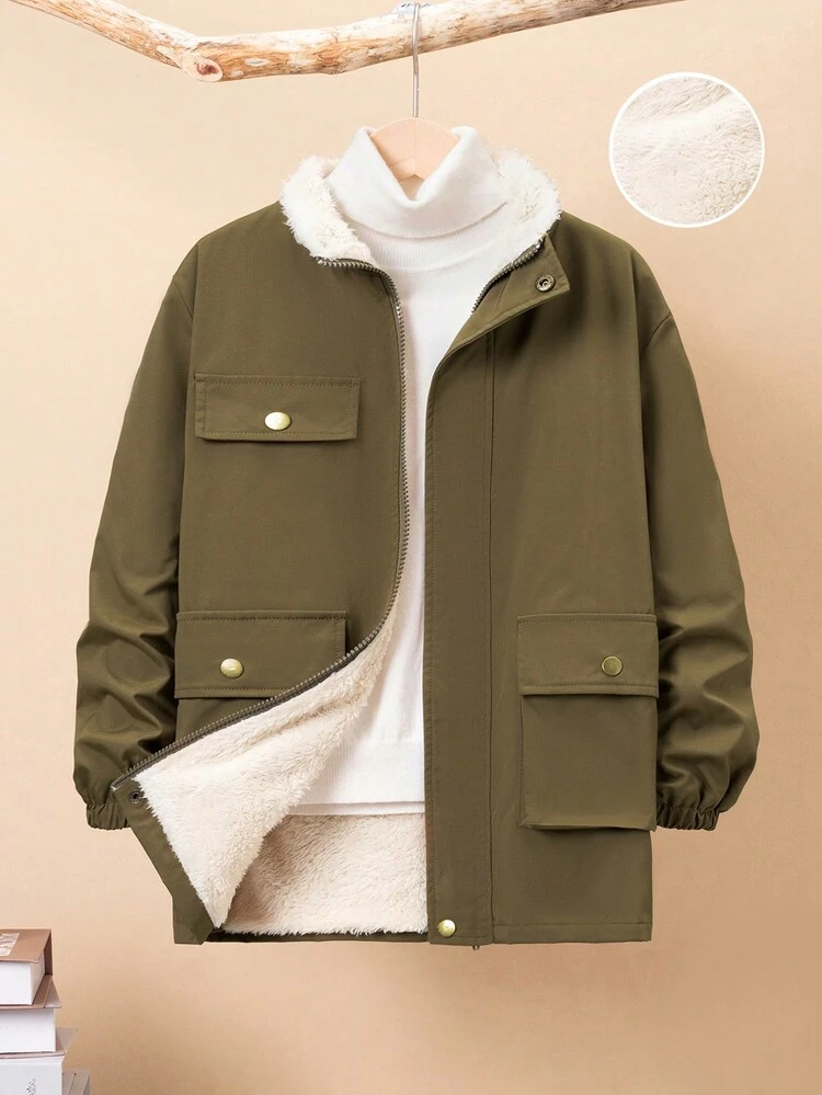 Tween Boy Flap Pocket Teddy Lined Hooded Coat