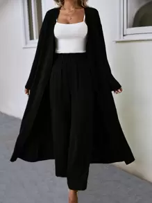 SHEIN LUNE Solid Open Front Coat & Wide Leg Pants - Black - View 3