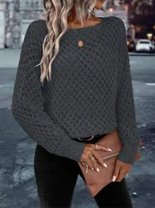 SHEIN Clasi Solid Batwing Sleeve Sweater - Dark Grey - View 4