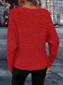 SHEIN Clasi Boat Neck Batwing Sleeve Sweater - Red - View 2