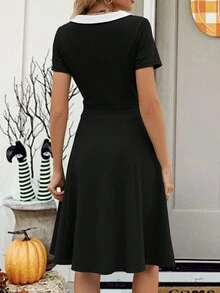 Vestido de cuello en contraste con diseño de botón - Negro - Ver 2