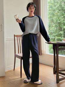 DAZY Two Tone Raglan Sleeve Lounge Set Pajama - Navy Blue - View 6