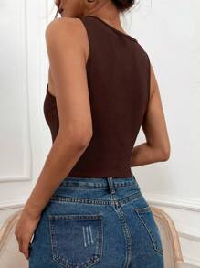 SHEIN LUNE Solid Ribbed Knit Crop Tank Top - Coffee Brown - View 2