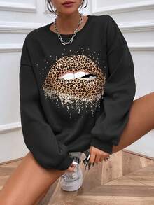 SHEIN Essnce Quần áo thể thao nữ Con số In hoa Báo Giải trí - màu đen - Xem 3