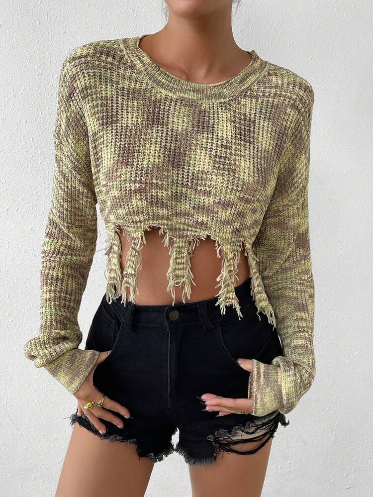 Space Dye Drop Shoulder Distressed Crop Knit Pullover Fall Winter Sweater