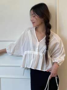 DAZY 純色正面鈕扣荷葉邊下擺T恤 - 白色 - 查看 5