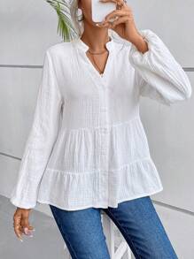 EMERY ROSE 缺口领口 灯笼袖 荷叶边下摆 罩衫 荷叶边上衣