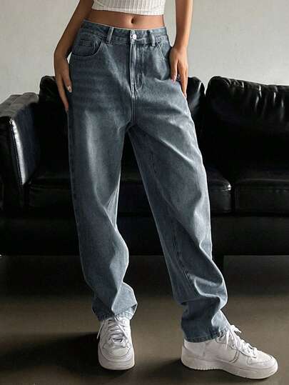 DAZY 斜口口袋直筒牛仔褲