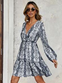 RueChic Rochie cu tiv cu volane, cu imprimeu din piele de șarpe