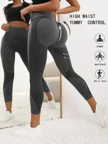 SHEIN Yoga Basic Leggings deportivos de color combinado control de barriga - Gris Oscuro - Ver 1