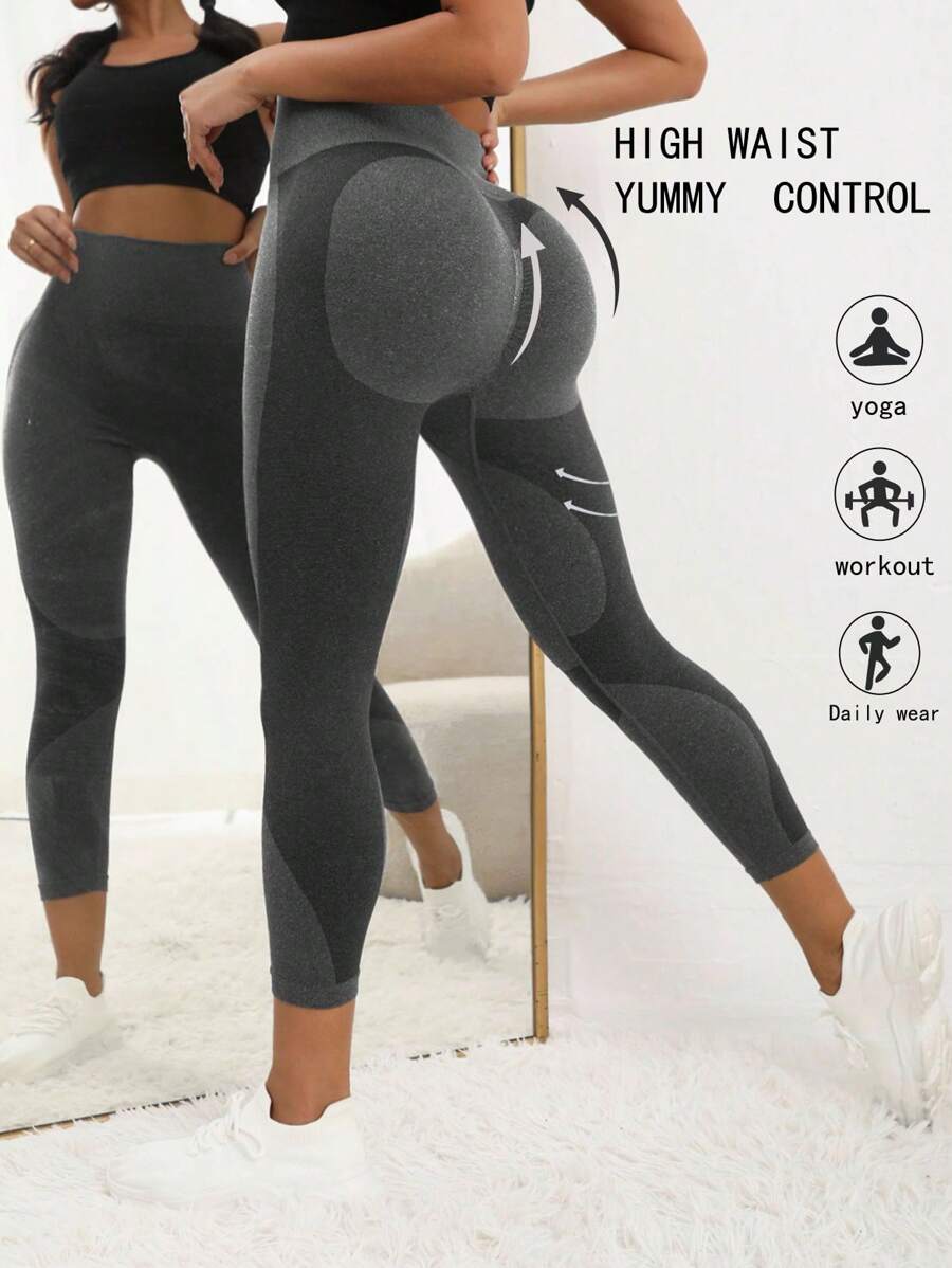 SHEIN Yoga Basic Leggings deportivos de color combinado control de barriga - Gris Oscuro - Ver 1