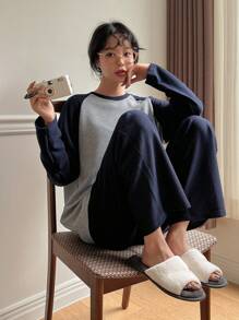 DAZY Two Tone Raglan Sleeve Lounge Set Pajama - Navy Blue - View 4