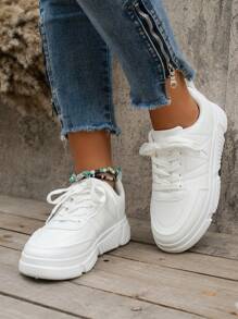 Women's Casual Flat Skateboarding Shoes, Slip Resistant, Fashionable, Breathable, Thick-soled Sneakers - White - View 1