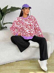SHEIN EZwear Plus Heart Print Drop Shoulder Sweatshirt & Pants - Hot Pink - View 3