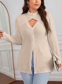 SHEIN Privé Plus Cut Out Nút Phía Trước Túi Tee - Màu be - Xem 4